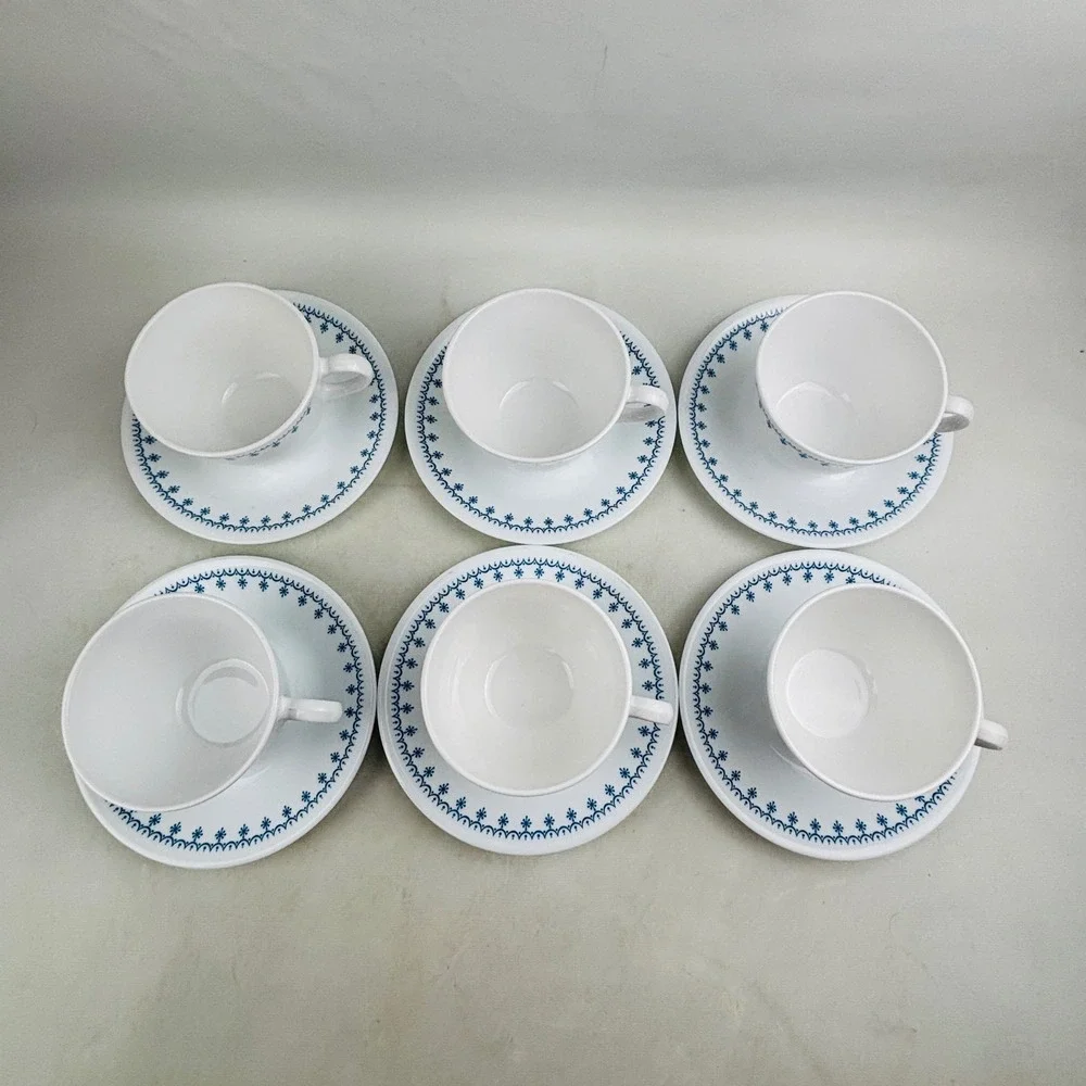 Corelle Snowflake Blue 6 Flat Cup & Saucer Sets White Ring Handle Vintage‎